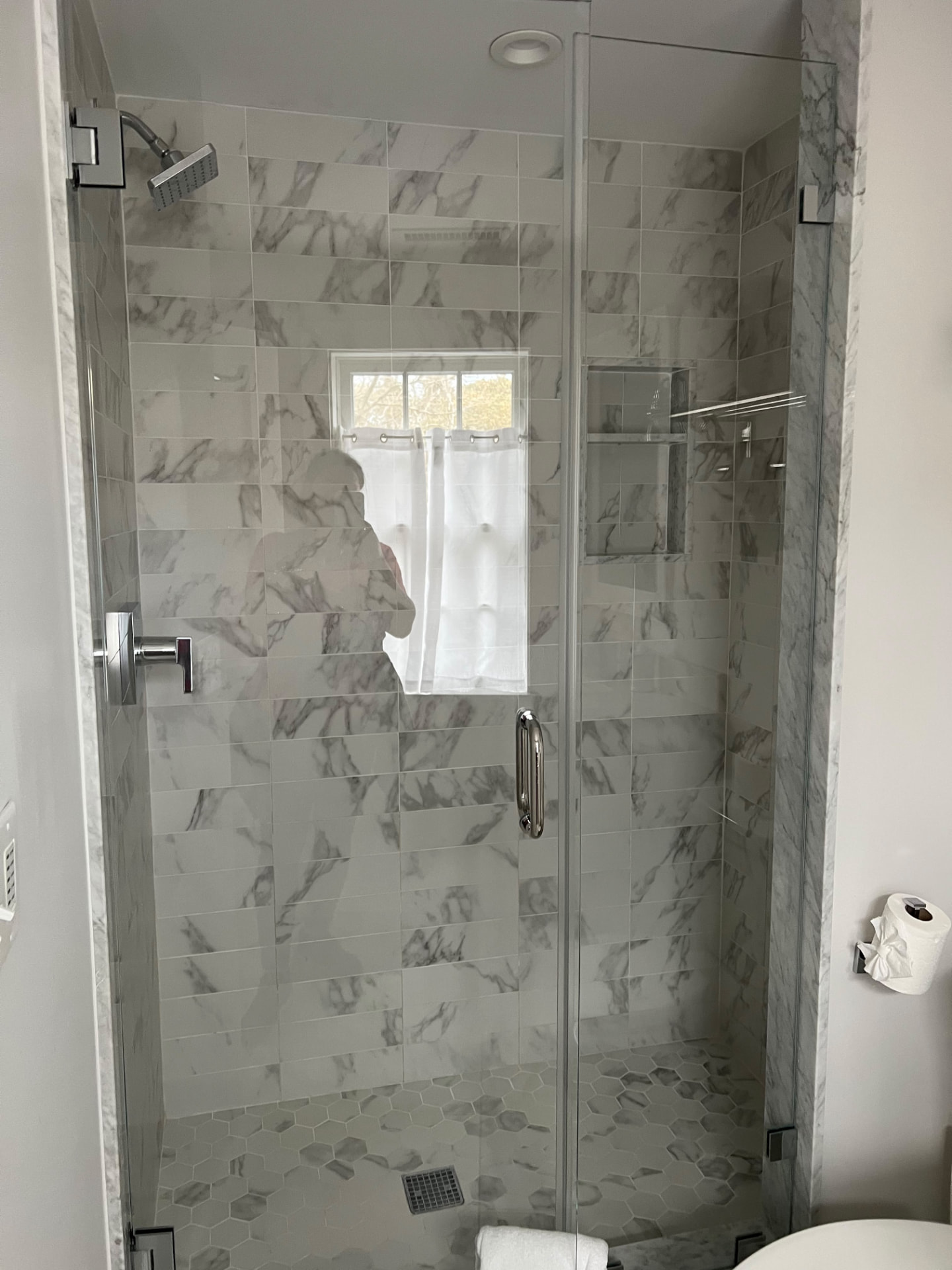 Walk-in shower — spotless glass & tile by MD Cleaning Services LLC